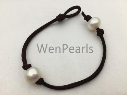 One pearl Leather Pearls Bracelet - 10mm near round pearl - Genuine freshwater pearl - Le7-085