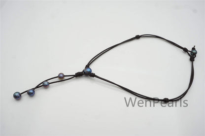 Black Green Potato pearl leather Drop necklace,Pearl and Leather Lariat Necklace,Leather Pearl necklace,Black leather pearl necklace,Le4-055