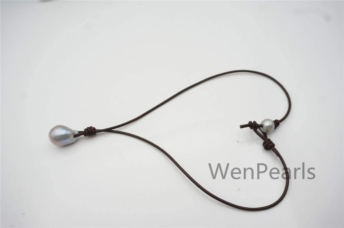 Gray Flameball pearl and leather necklace,Baroque Freshwater Pearl Drop Necklace,Flaming ball pearl necklace,wholesale,Le4-057