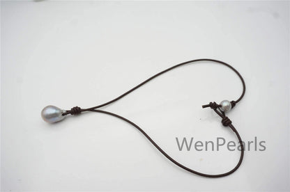 Gray Flameball pearl and leather necklace,Baroque Freshwater Pearl Drop Necklace,Flaming ball pearl necklace,wholesale,Le4-057