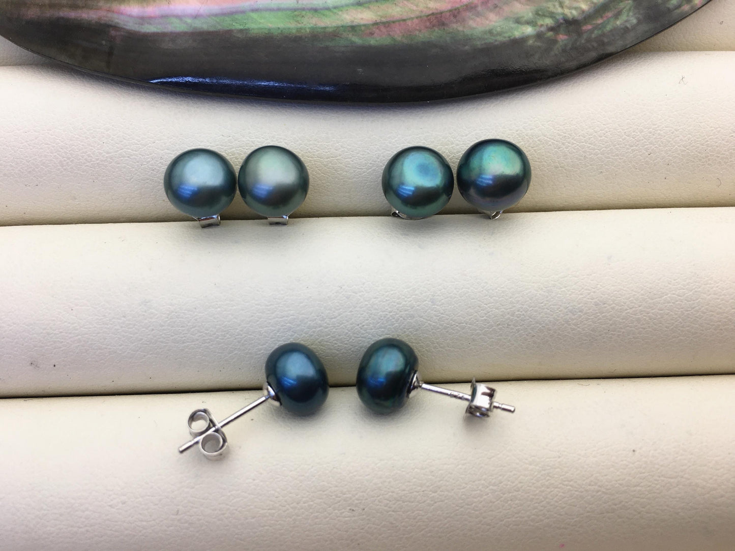 AAA 7-8mm Green Button Round Pearl stud earrings,Sterling Silver,SE1-T23