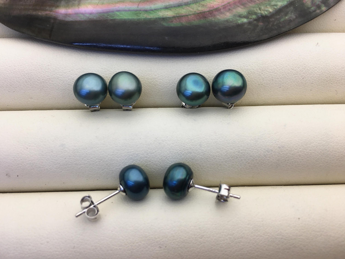 AAA 7-8mm Green Button Round Pearl stud earrings,Sterling Silver,SE1-T23