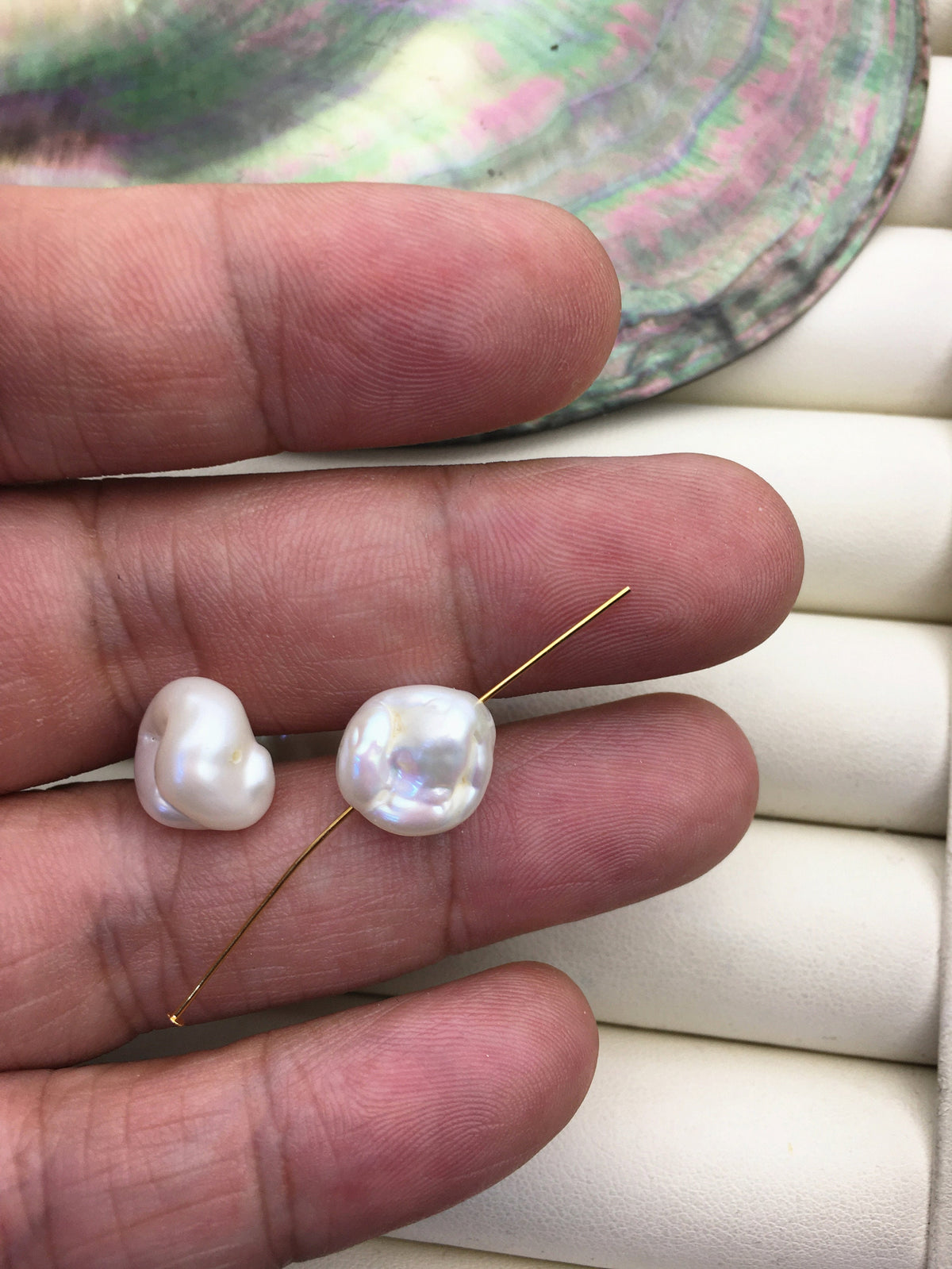 2 pairs AA 11-12mm Big White keshi pearls Pair,0.7mm through hole,ZS-127-62-9