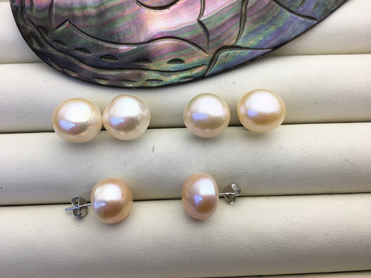 AAA 11.5-12mm big pink peach nugget baroque Pearl Stud Earrings,freshwater pearl earrings,Wedding,classic pearl studs,SE1-069-32