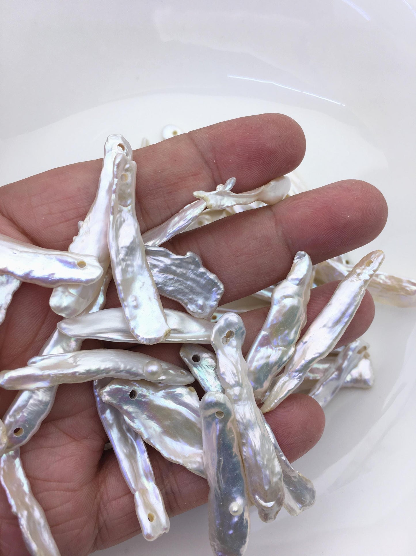 11pcs AAA/AA+ 7-10mm white long biwa keshi Freshwater Pearls, 2.2mm large hole,ZS-80-1-35