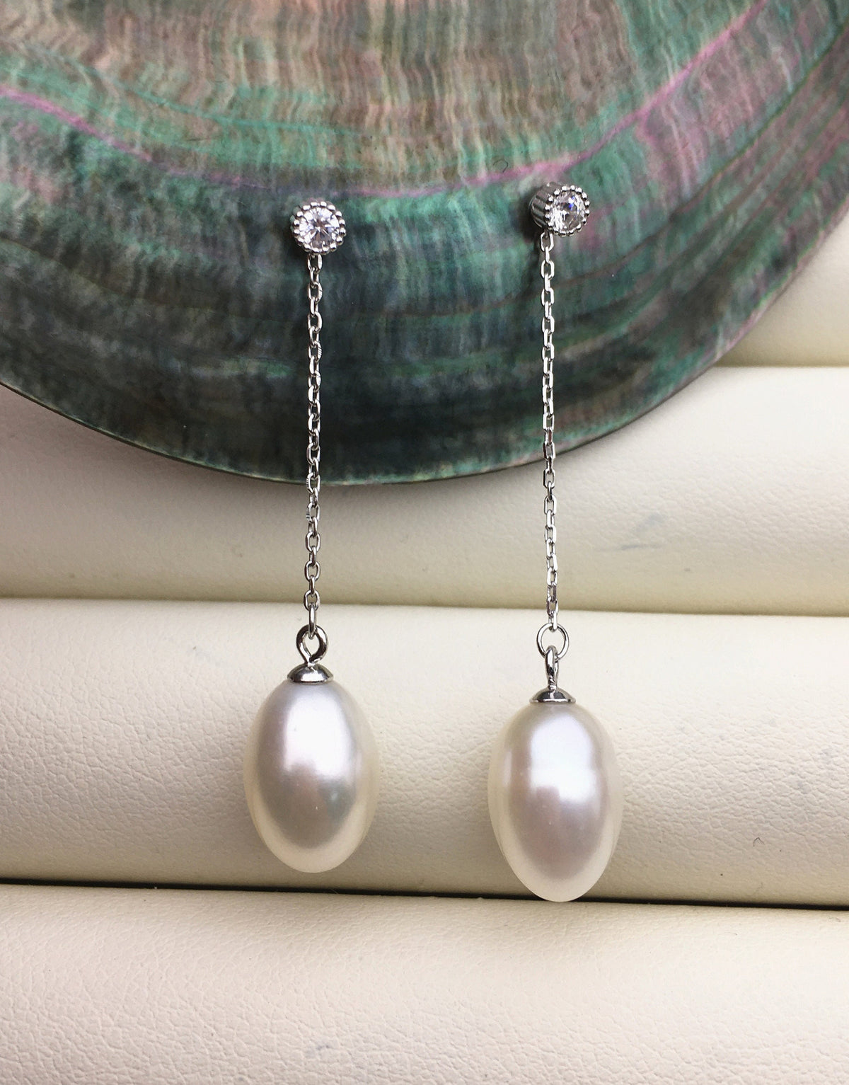 AAA 9mm White rice pearl cz stud earrings,zircon S925 Sterling Sliver pearl earrings,pearl for women for girl,SE3-045