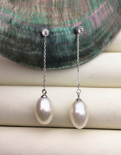 AAA 9mm White rice pearl cz stud earrings,zircon S925 Sterling Sliver pearl earrings,pearl for women for girl,SE3-045