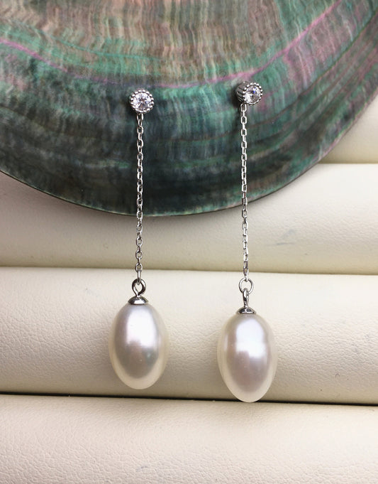 AAA 9mm White rice pearl cz stud earrings,zircon S925 Sterling Sliver pearl earrings,pearl for women for girl,SE3-045