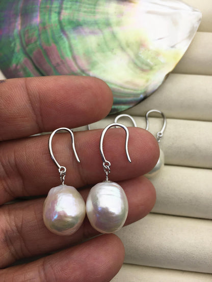 1 pair AAA 13-14mm white drop edison pearl dangle earrings,S925 Sterling Sliver earrings,wedding pearl earrings,SE3-T9-1