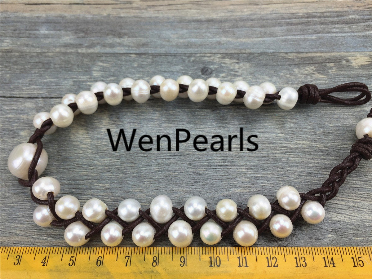 9-10mm leather pearl necklace,pearl leather bracelet,Freshwater pearl and leather necklace,Baroque pearl necklace,wholesale,Le1-063