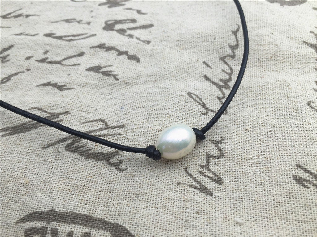 12mm Very Big Rice Pearl Leather Choker Necklace,Pearl Leather Necklace,freshwater rice pearl necklace,pearl leather choker,Le1-073