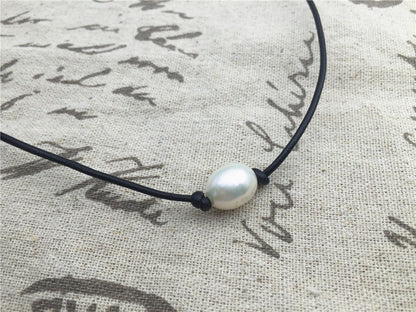 12mm Very Big Rice Pearl Leather Choker Necklace,Pearl Leather Necklace,freshwater rice pearl necklace,pearl leather choker,Le1-073