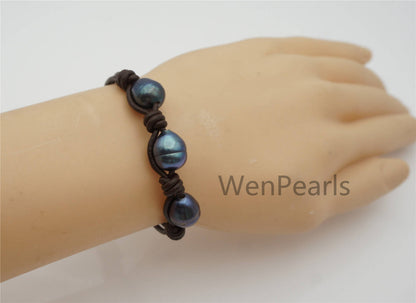 Deep Blue Big Rice pearl bracelet,Leather Pearls Bracelet,Handmade Cuff,white Pearls on Tan Leather,genuine freshwater pearl,Le7-156