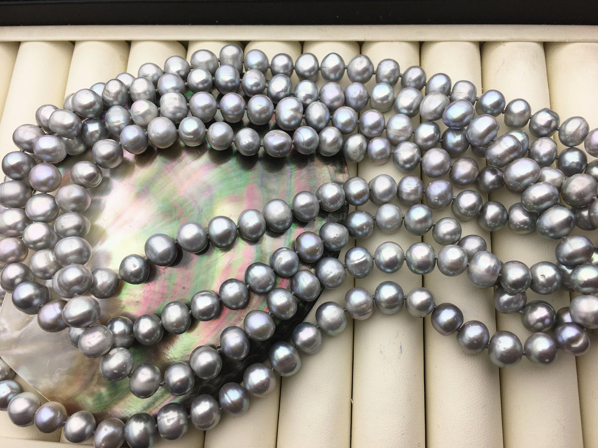 67'' 9mm Gray Potato Near Round Freshwater Pearl Necklace,dark gray Pearl necklace,gray round pearl,NPN1-076