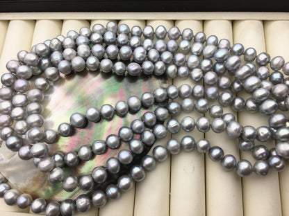 67'' 9mm Gray Potato Near Round Freshwater Pearl Necklace,dark gray Pearl necklace,gray round pearl,NPN1-076