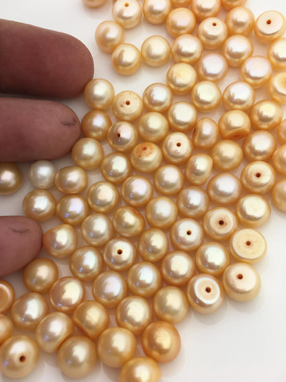 20pcs AAA 9-9.5mm deep yellow button round loose freshwater pearl,0.9mm half hole,BTN9-T1