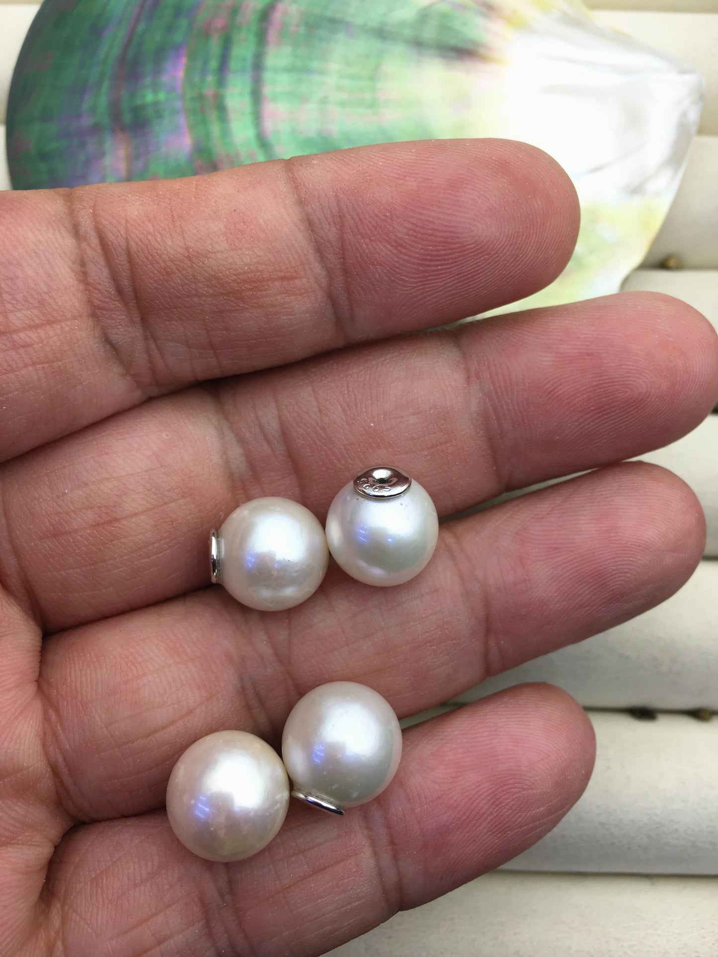 1 pair AA+ 11-12mm White round edison silver freshwater pearl Pair,ED11-3A-2-33