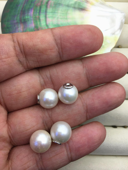 1 pair AA+ 11-12mm White round edison silver freshwater pearl Pair,ED11-3A-2-33
