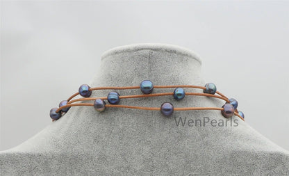 Long deep blue Freshwater Pearl and Leather Lariat Necklace,Light Brwon Leather Pearl necklace, Leather baroque pearl, Le4-113