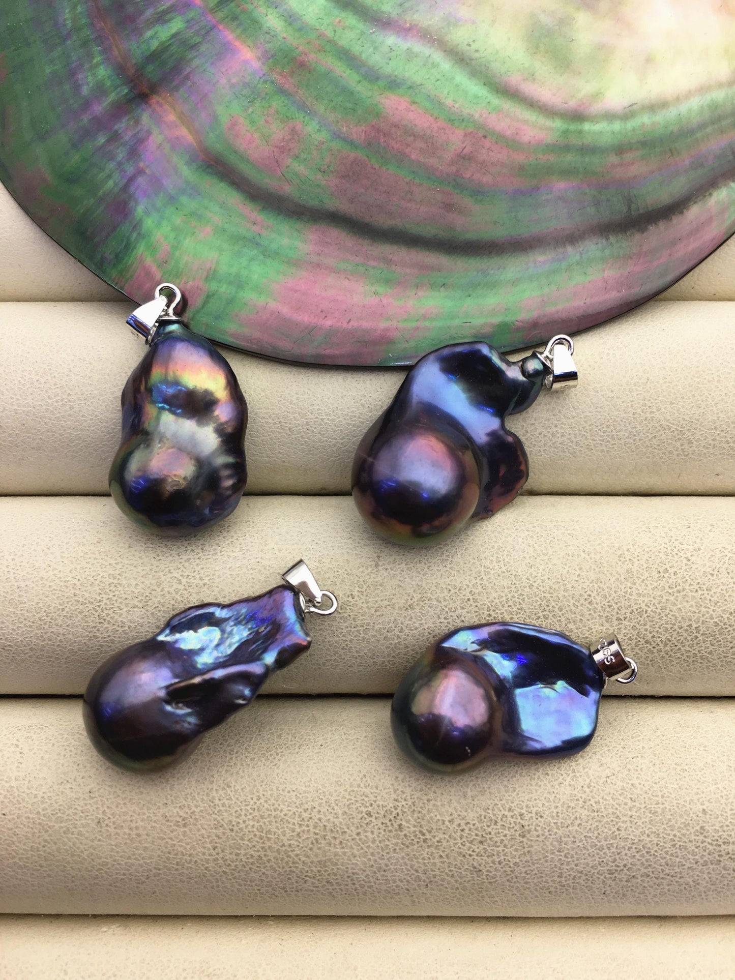 2pcs AAA12-15mm black rainbow baroque pearl pendant necklace,S925 Sterling silver pendant,NC1-008-3