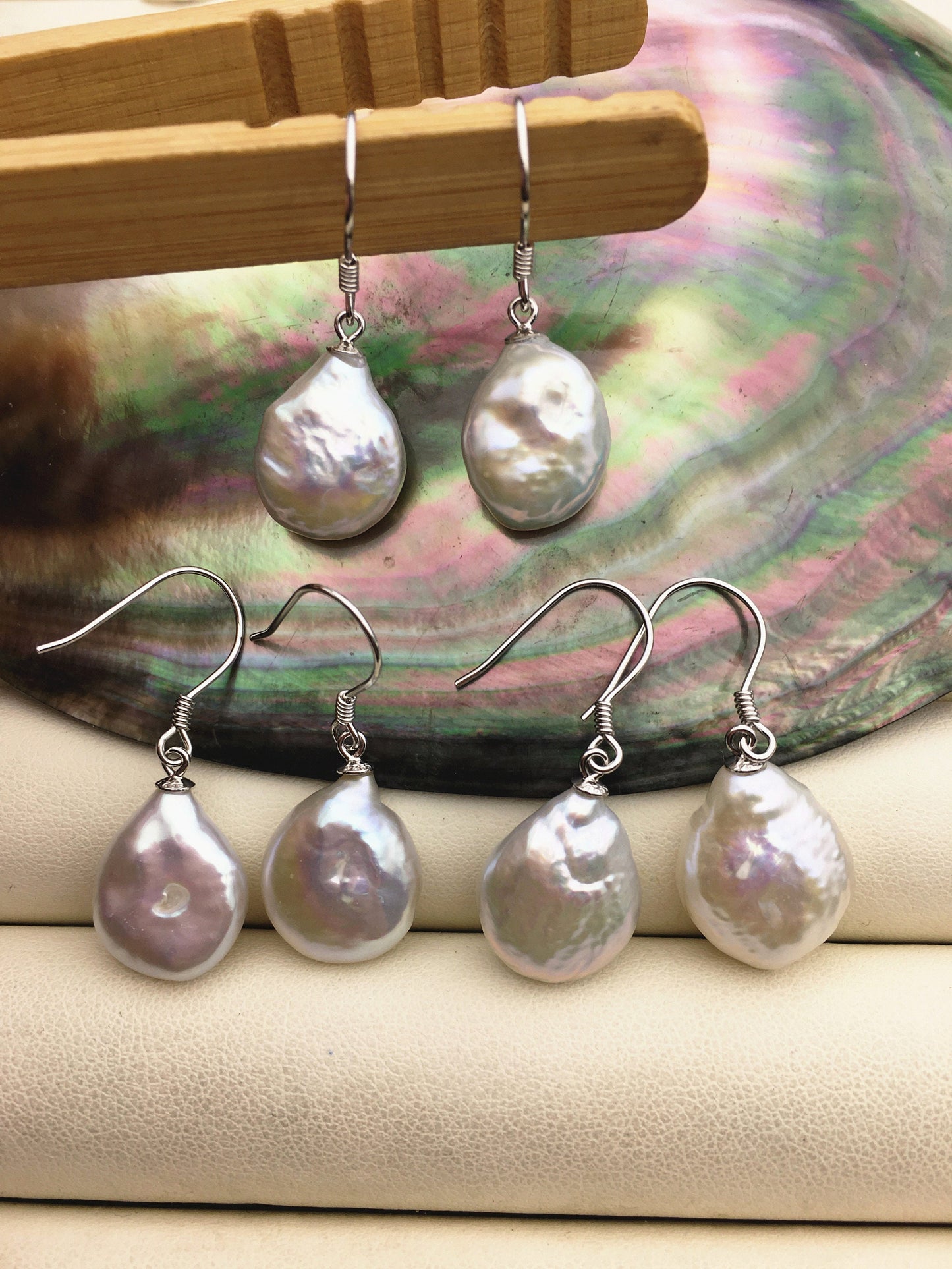 2 pairs 12-14mm White Coin Pearl Dangle Earrings- S925 silver pearl dangle earrings,SE3-T11