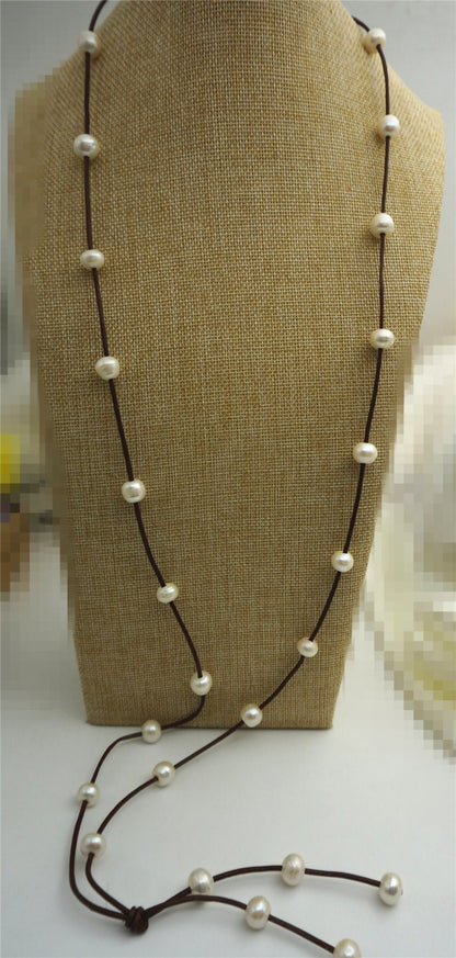 Long Freshwater Pearl and Leather Lariat Necklace,white pearl necklace Light Brwon Leather Pearl necklace, Leather baroque pearl, Le1-041