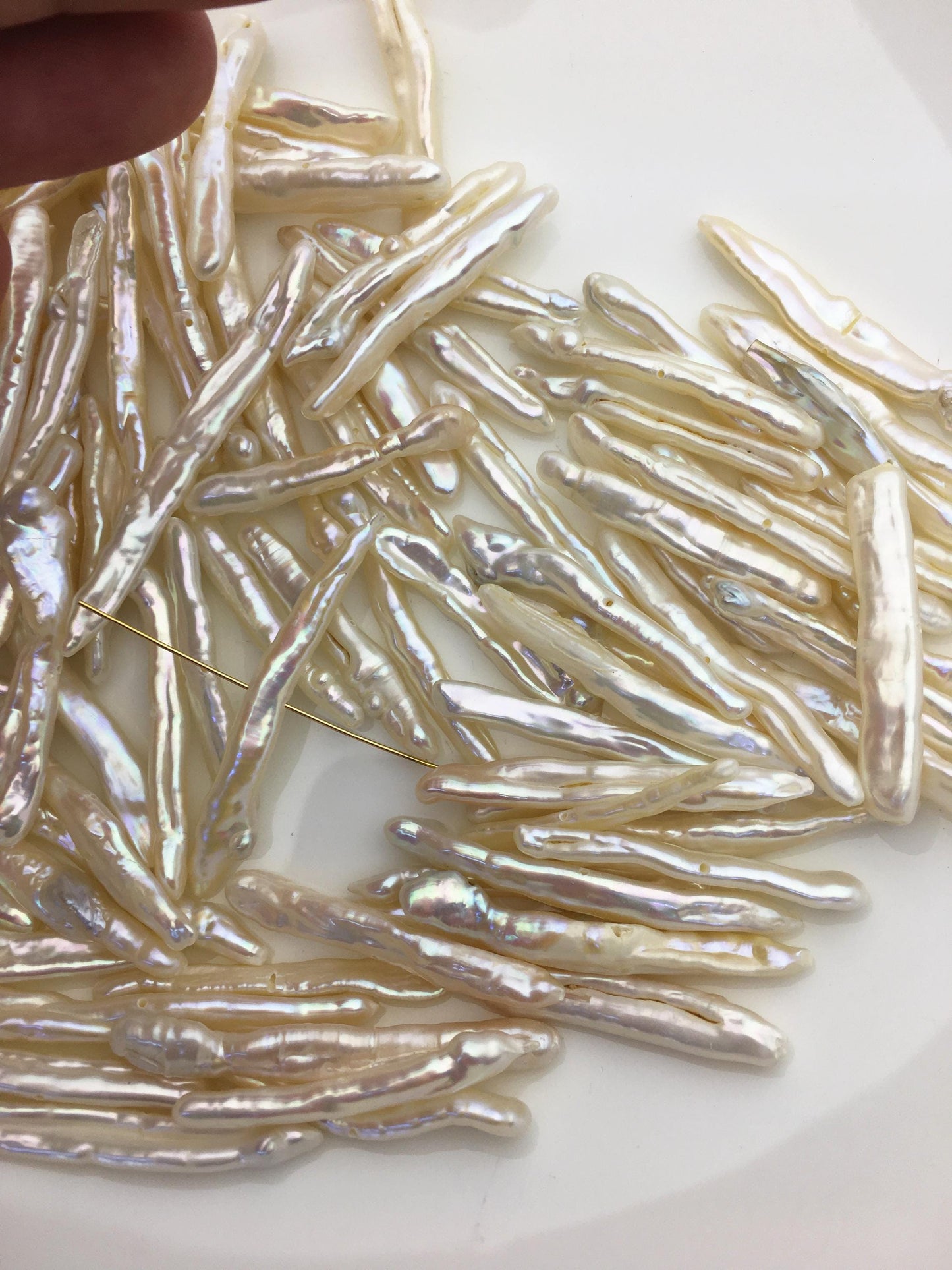 20pcs AAA/AA+ 4-6mm white Toothpick Freshwater Pearls, middle drill hole,ZS-80-T8