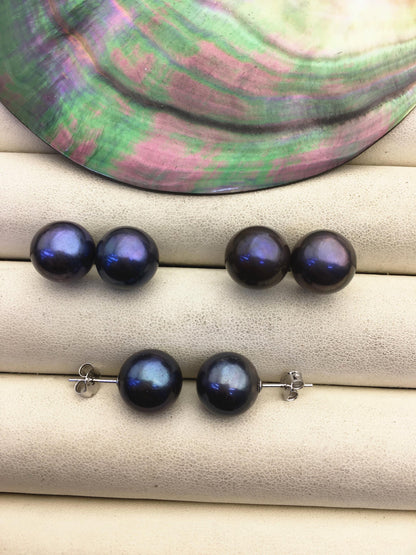 1 pair AA+ 10-11mm black round edison pearl stud earrings,S925 Sterling Sliver stud earrings,wedding pearl earrings,SE3-T9-60
