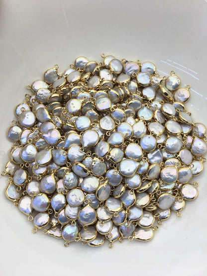 5pcs AA+ 12-13mm White Coin Pearl Double Bail Connector Charm Pendant with Gold Electroplated Edge for make bracelet necklace,EDG-037
