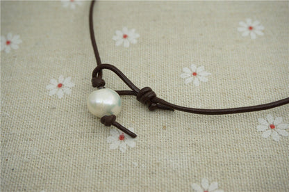 Flameball Freshwater Pearl and Leather Drop Necklace,Huge pearl necklace,Pearl Leather Necklace,White Leather Pearl necklace,Le2-037