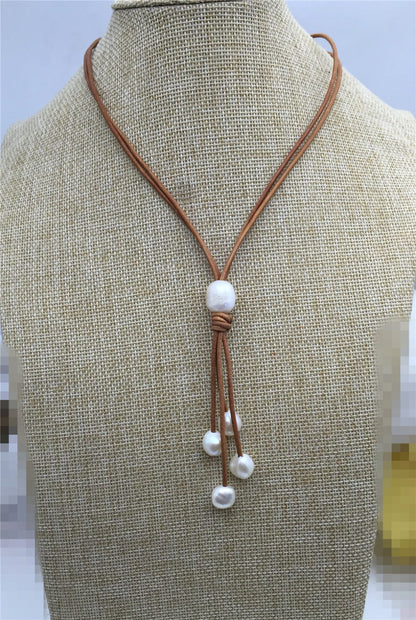 Freshwater Pearl and Leather Lariat Necklace, Light Brwon Leather Pearl necklace, Leather baroque pearl necklace,Le1-070