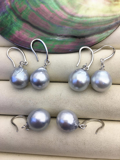 1 pair AA+ 11-12mm Silver Gray South Sea drop pearl dangling earrings,SE3-109-6