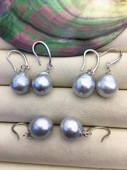 1 pair AA+ 11-12mm Silver Gray South Sea drop pearl dangling earrings,SE3-109-6