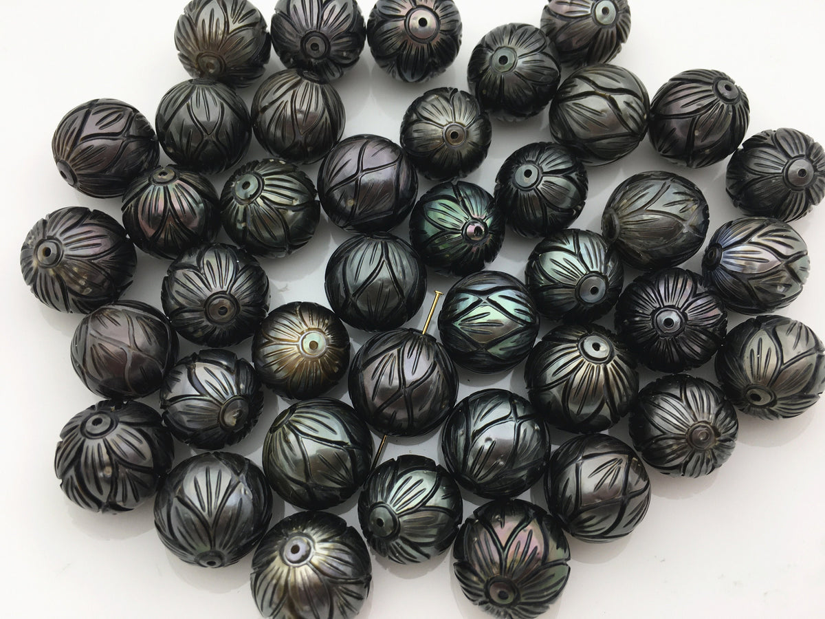 1pc 10-14mm Round Carved Tahitian Pearl - Hand Carved - Tattoo Tahitian Pearls, carved pearls, flower designs,CAC-FLW-9-8