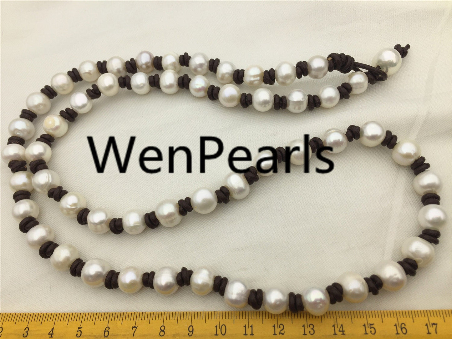 10mm Potato Pearl and leather necklace,Genuine Freshwater Pearl Necklace,white pearl necklace,wholesale,Le3-043