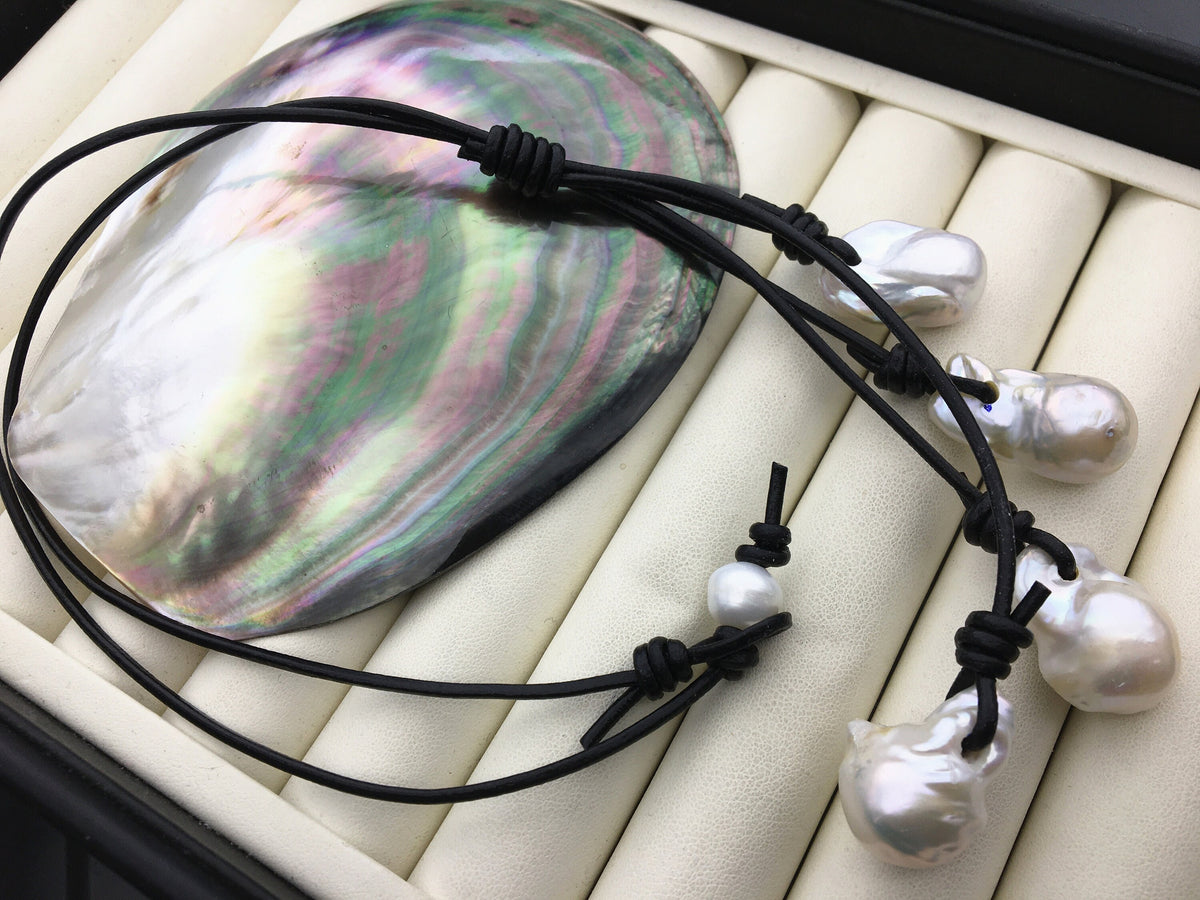 Four Big White Flame ball pearl and leather necklace,Baroque Freshwater Pearl Drop Necklace,Flaming ball pearl necklace,Le5-046