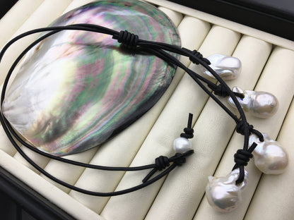 Four Big White Flame ball pearl and leather necklace,Baroque Freshwater Pearl Drop Necklace,Flaming ball pearl necklace,Le5-046