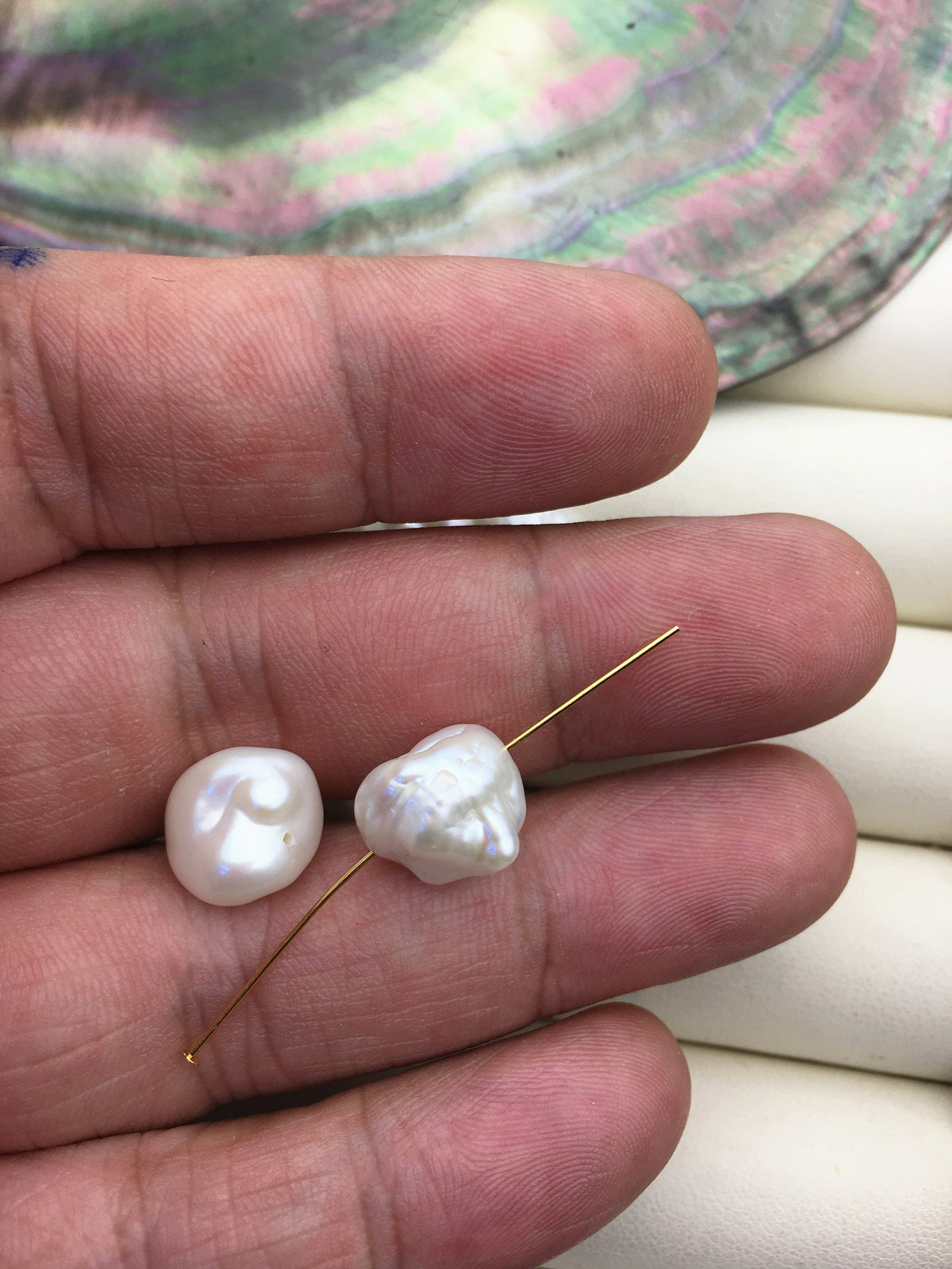 2 pairs AA 11-12mm Big White keshi pearls Pair,0.7mm through hole,ZS-127-62-9