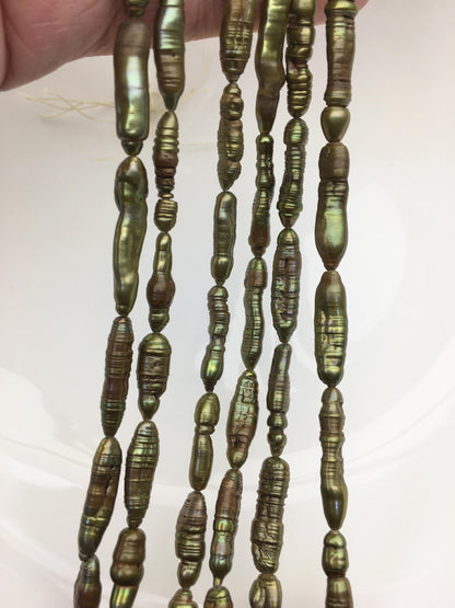 A 6-7mm green yellow toothpick Biwa Pearl Necklace,Genuine Fresh Water Pearl,Wedding Necklace,Mothers Day,ZS-80-10-14