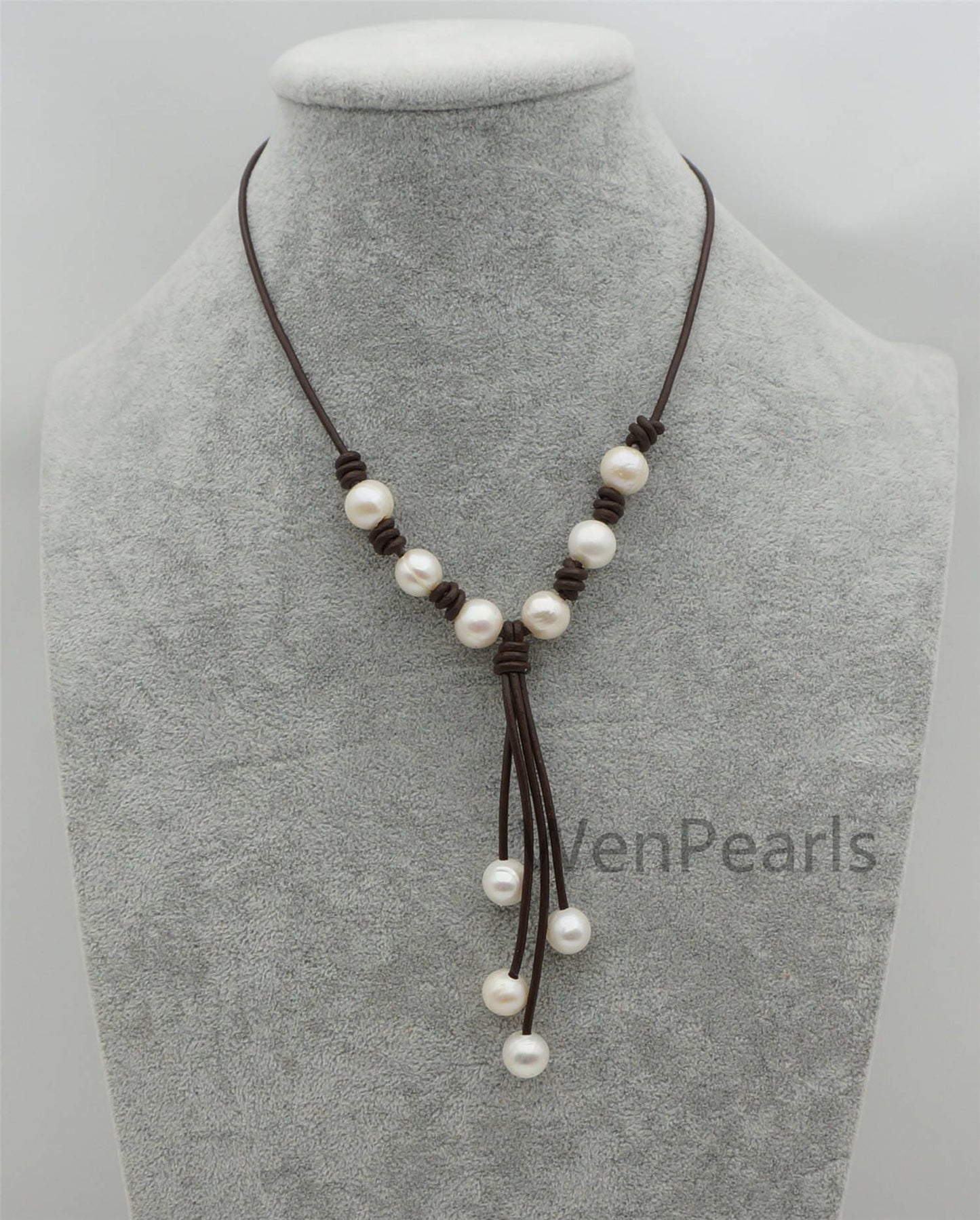 Big white pearl leather drop necklace,Pearl and Leather Lariat Necklace,Leather Pearl necklace,Le4-107