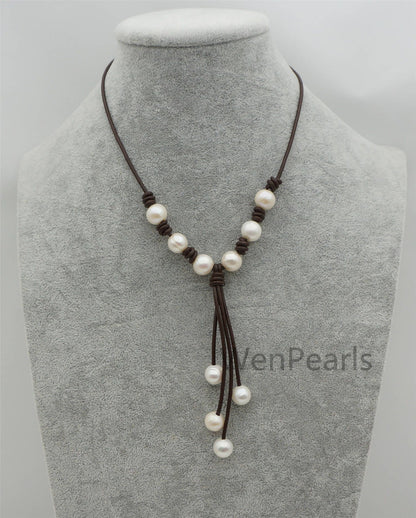 Big white pearl leather drop necklace,Pearl and Leather Lariat Necklace,Leather Pearl necklace,Le4-107