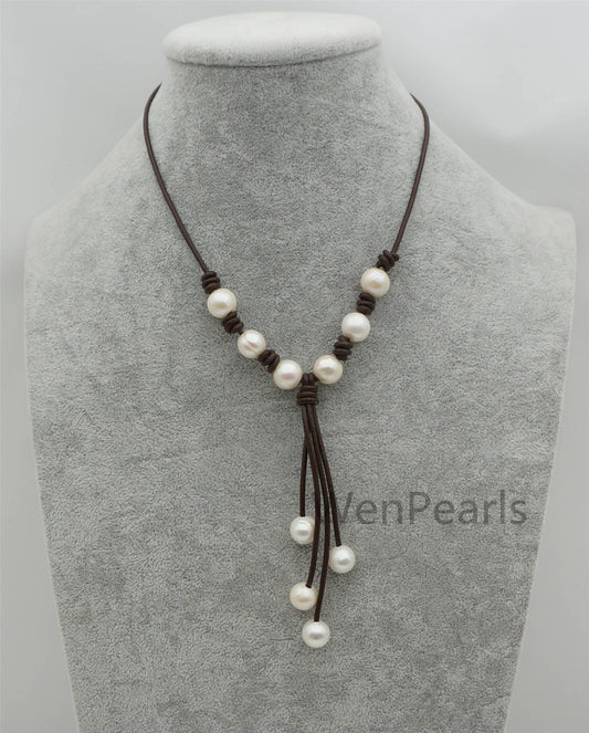 Big white pearl leather drop necklace,Pearl and Leather Lariat Necklace,Leather Pearl necklace,Le4-107