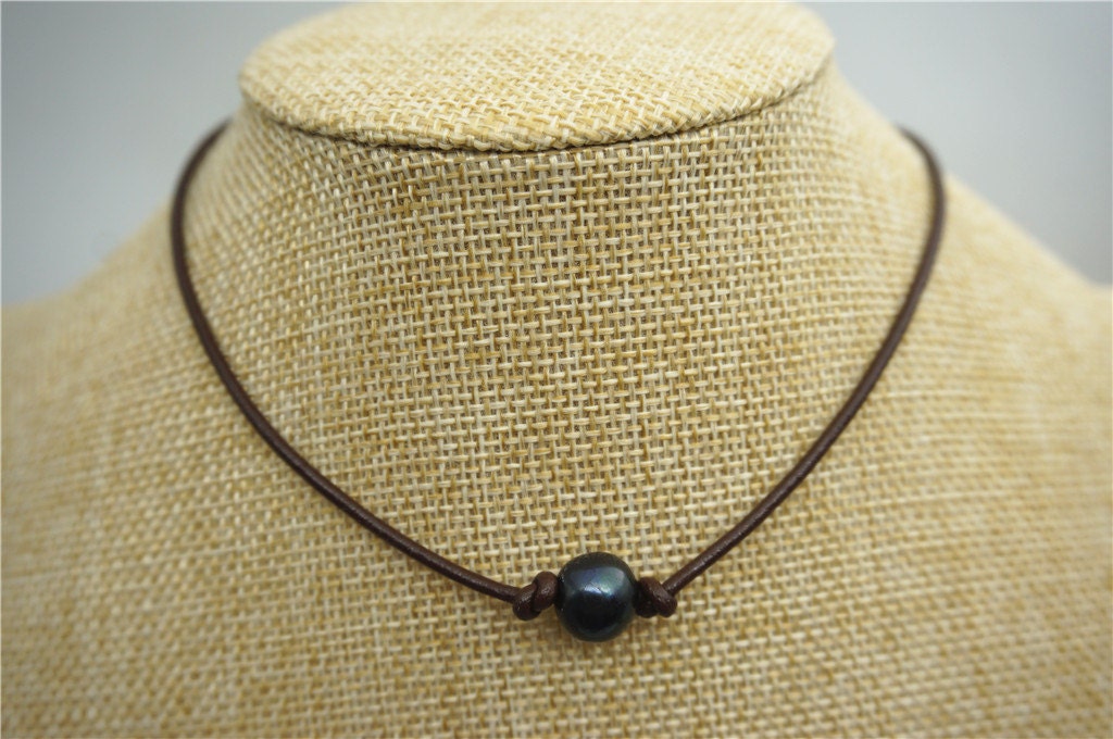 black pearl necklace,Freshwater pearl and leather necklace,Black pearl leather necklace,Pearl Choker,leather pearl necklace,Le1-016