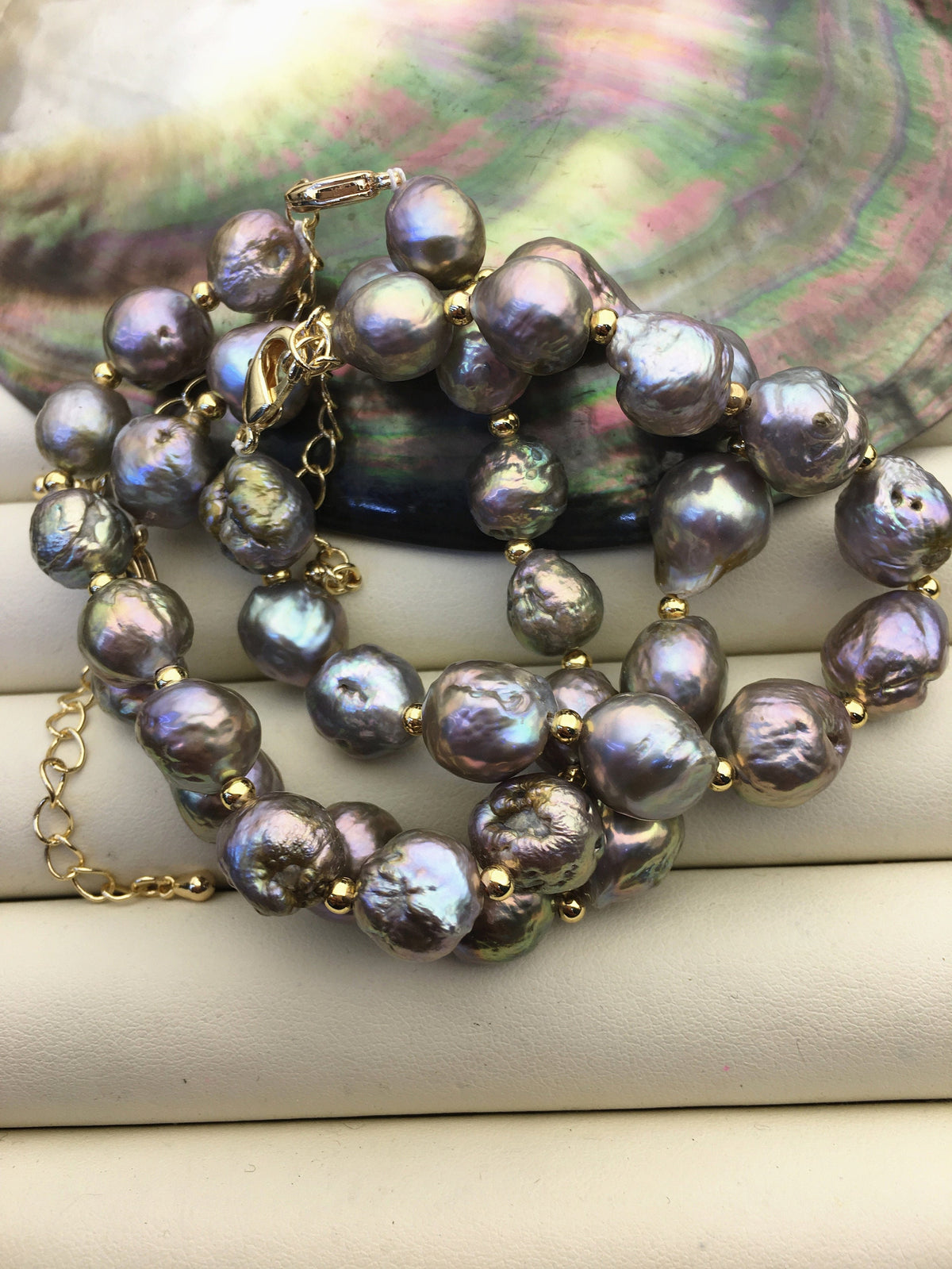 7+2'' AA 8-11mm gray rainbow edison baroque drop Freshwater pearl gold color chain Bracelet,B8-055-2