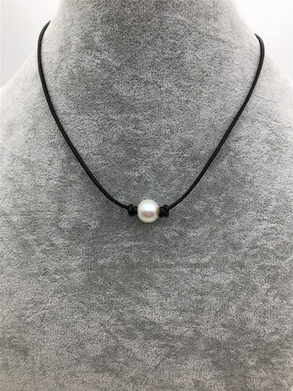 11-13mm Big White Round Pearl Leather Choker,White Freshwater pearl, Black Leather Pearl necklace,Select leather color,Le5-003