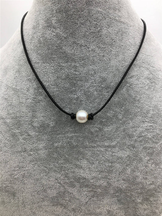 11-13mm Big White Round Pearl Leather Choker,White Freshwater pearl, Black Leather Pearl necklace,Select leather color,Le5-003