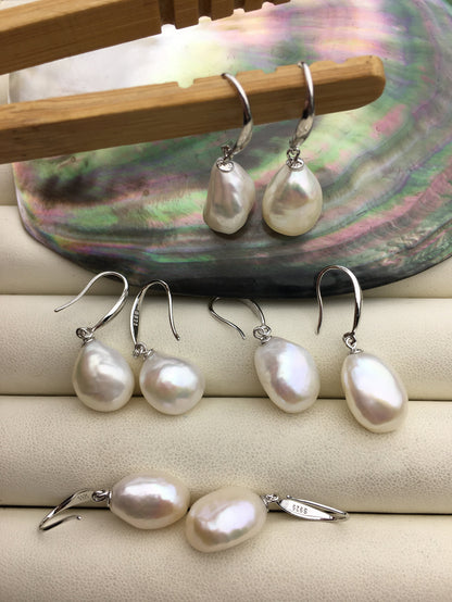 1 pair AAA 11mm White nugget pearl dangle earrings,S925 sterling silver,wedding pearl earrings,SE3-021