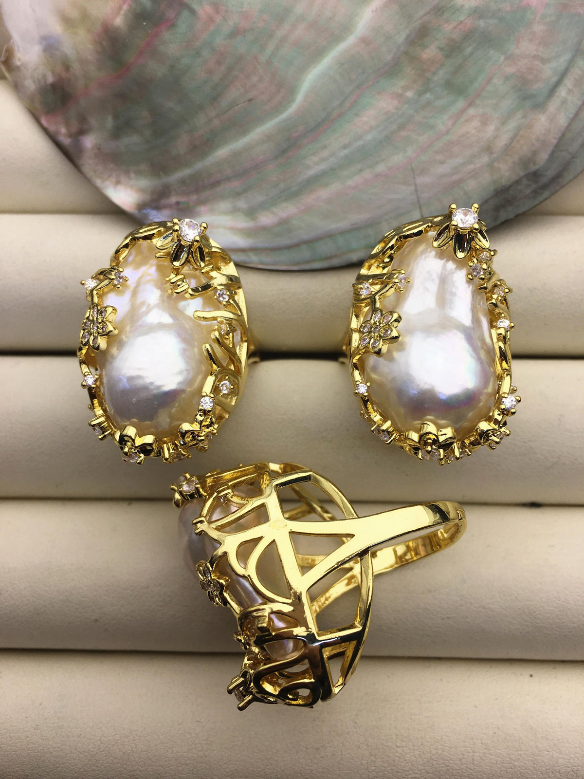 AAA Very Big White Rainbow Baroque Pearl Gold rings,affordable engagement rings,pearl wedding rings,promise rings for her,R1-004