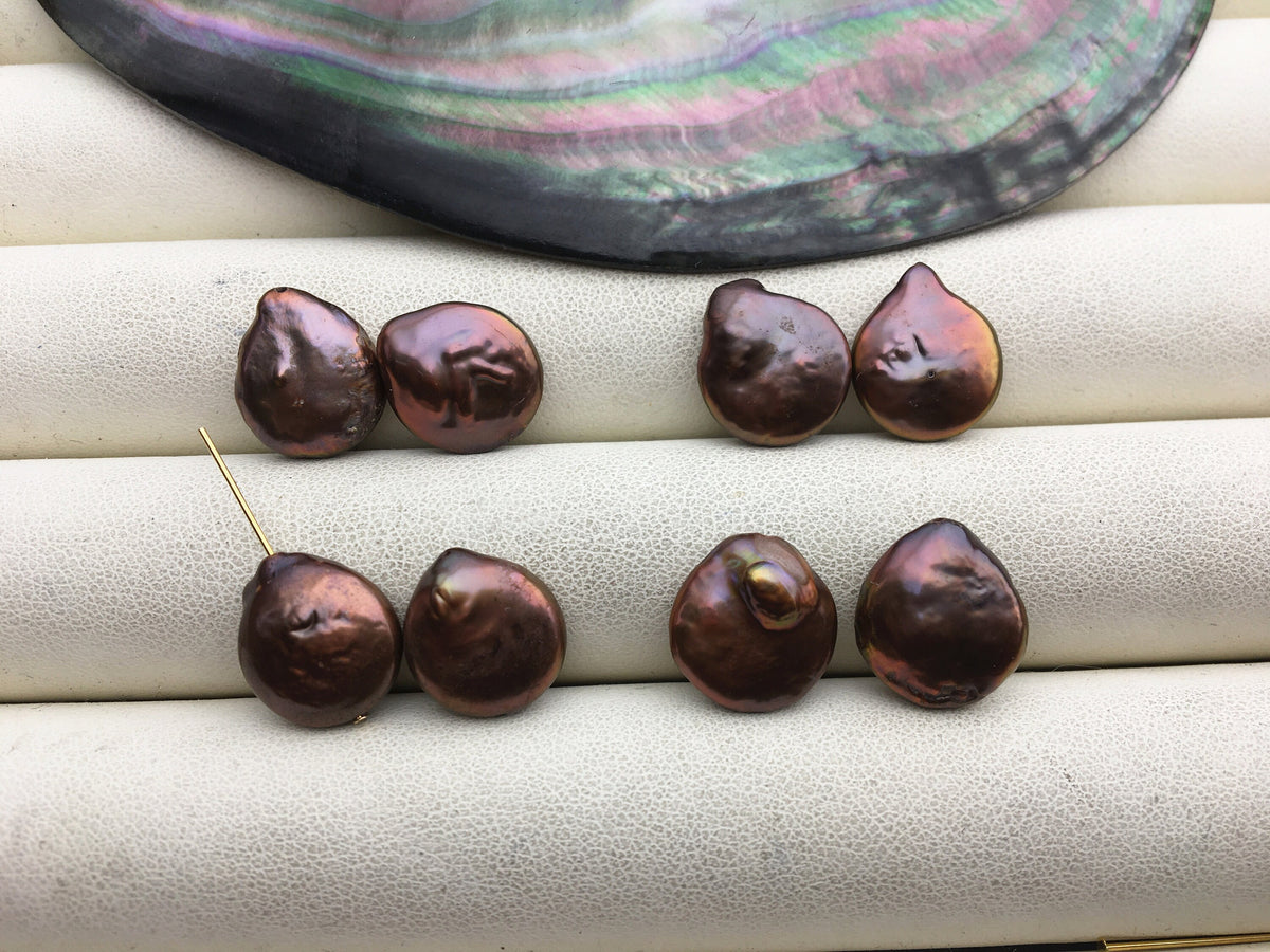 2 pairs AA+ 12-13mm Brown Coin Freshwater Pearl Brown loose Beads Piar,ZS-103-37-49