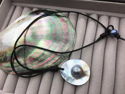 30x40mm Big Mabe Sea Pearl Leather necklace,pearl choker necklace,Black Leather Pearl necklace,necklaces for women,Le5-045